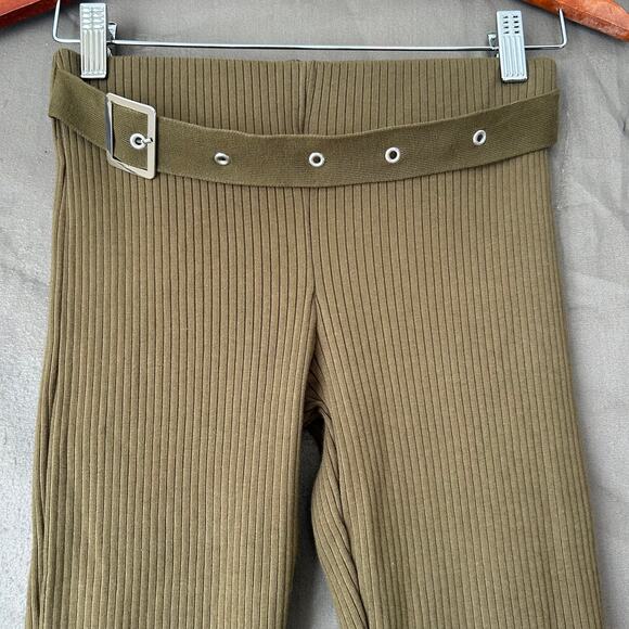 Zara Olive Green Ribbed Boot Cut Pants with Attached Waist Buckle Detail Size M - Picture 2 of 6